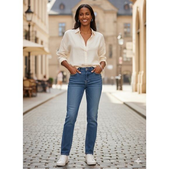 Lee Women's Jeans 14 Med Straight Leg Regular Fit Mid Rise Blue Stretch Denim - Picture 1 of 12